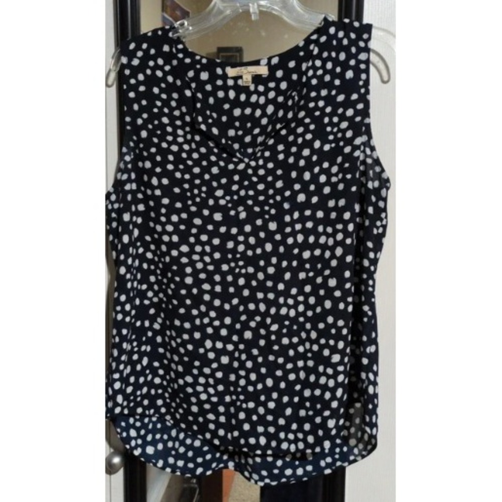 Lark & Ro Sleeveless Ruffle Blouse Womens Large Black‎ Ivory Snow Dot Polka Dot